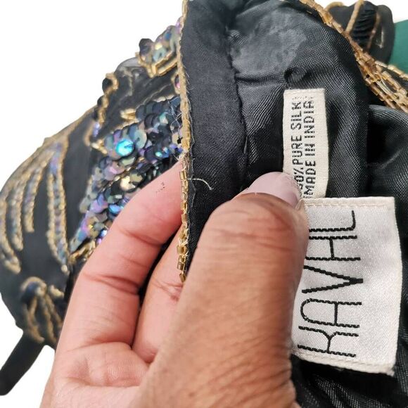 Vintage Black Silk Dress with Iridescent Beaded Leaf Design and Fringe Hem | Tag - Picture 4 of 4